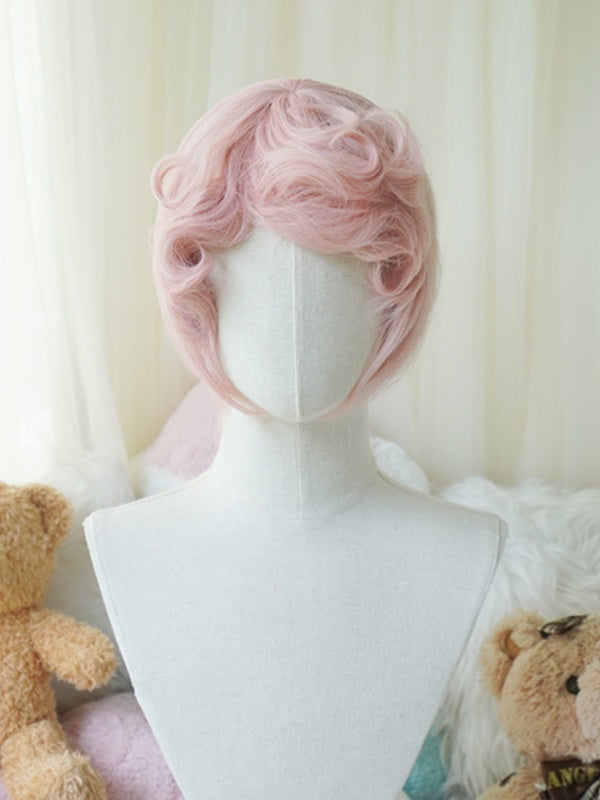 Weiß/Pinke Bob-Kurzhaarperücke mit lockigem Pony