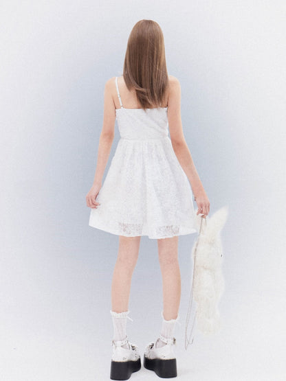 Cami Dress with Self-Tie Bow Elegant Lace White Thigh-length