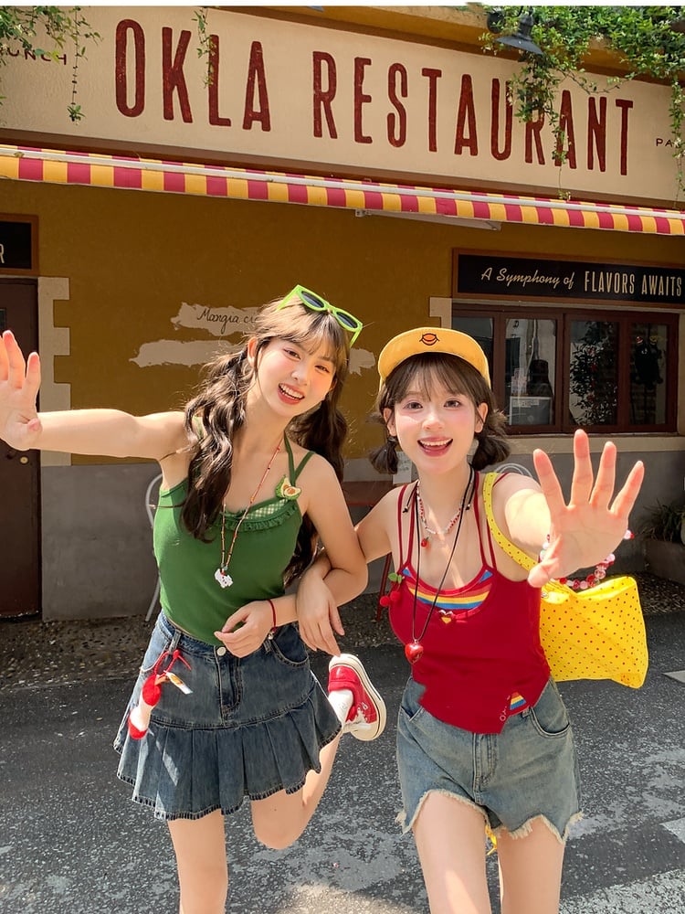 パッド入りカップ付きツーピースキャミソールトップス フェイクイエロー/グリーン/レッド