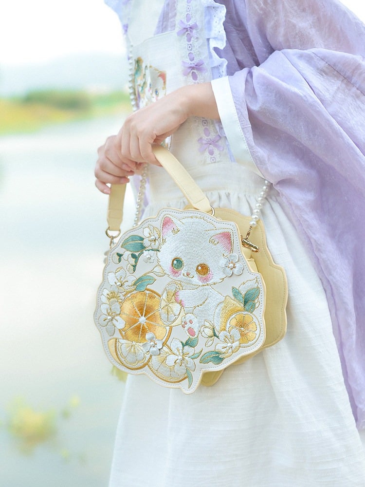 Kawaii Cat Lemon Embroidery Bag Pearl Chain - Miss Cat
