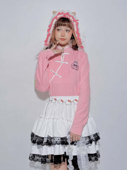 Pinkes Pastell-Punk-Skelett-Top in Gitarrenform mit Strasssteinen