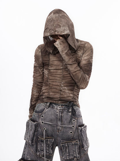 Brown Wasteland Punk Long Sleeve Top - Ruched Detail & Thumbhole Cuffs