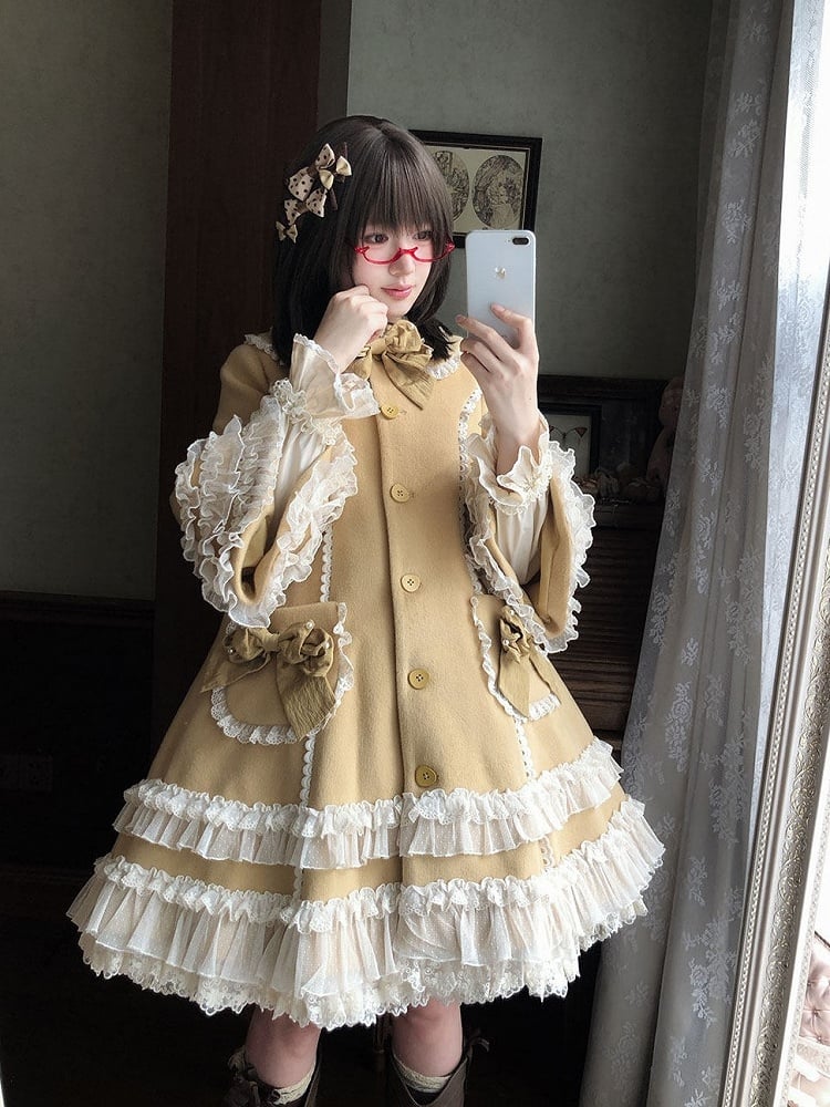 Ruffled Winter Bow Sweet with Accents Lolita Lace and Details Ginger Coat