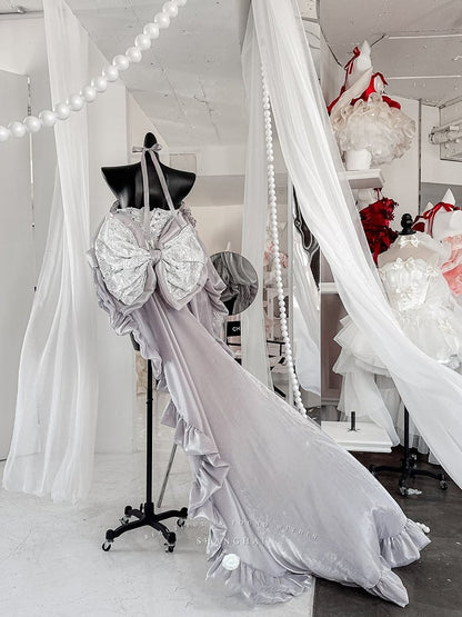 + Schnür-Ballettoberteil, komplettes Set, große Ärmel, Rock, Schleppe, Schleife, Korsett, silberfarben