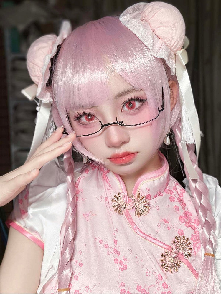 Bangs Double Braided Full 55CM Wig with 30CM Pink Straight Clip Ponytails Short Claw