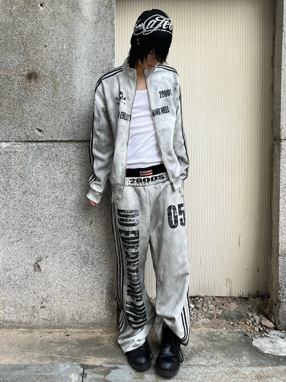 Washed Grey Double Waistband Loose Sweatpants Letter Print - DETW OnLine