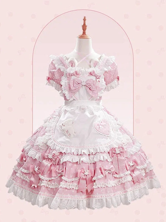 Süße herzförmige schwarze Lolita-Schleifen-Schürze, blau-rotes Mieder/rosa verziert