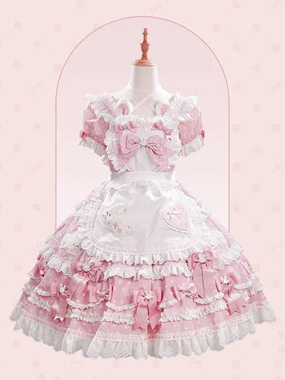 Süße herzförmige schwarze Lolita-Schleifen-Schürze, blau-rotes Mieder/rosa verziert