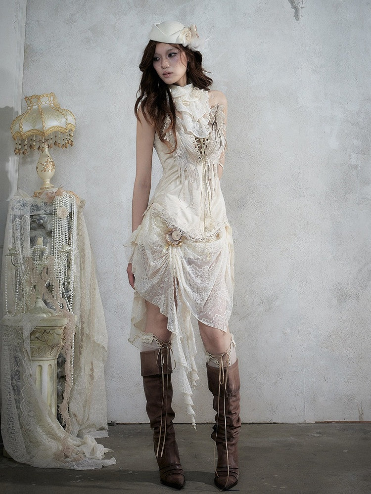 Beige Wing-Embroidered Corset Top with Lace Accents - NO ROMANCE
