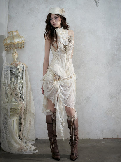 Beige Wing-Embroidered Corset Top with Lace Accents - NO ROMANCE