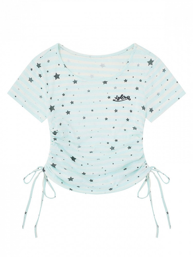 Blue Striped Star Pattern Tee with Drawstring - Languid Park