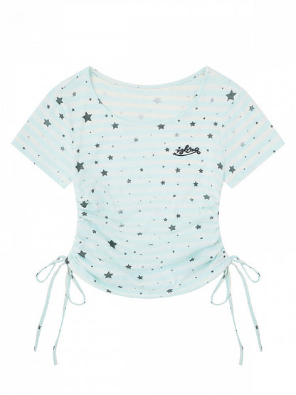 Blue Striped Star Pattern Tee with Drawstring - Languid Park