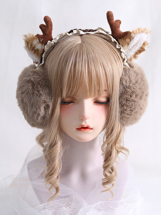 Lolita KC Khaki with Cute Elk Ear Off - White / Lace Muffs Antler