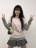 Top Pattern Grey Print Whale - Long Neck Two-piece Sleeve Pink Star Round