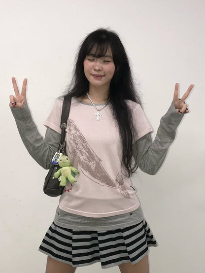 Top Pattern Grey Print Whale - Long Neck Two-piece Sleeve Pink Star Round