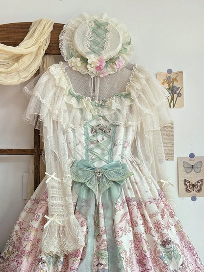 Hat Floral with Criss-Cross Beige Ribbon Lace Lolita and Green Accents