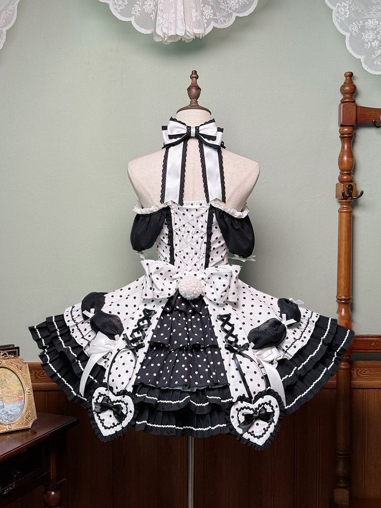 Accents Black Polka Dots Dress Old School Bow White Lolita Neck Halter with