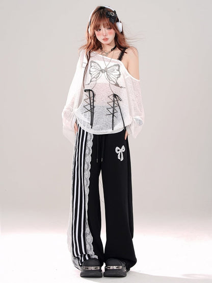 Blokettecore Black/White Bowknot Wide-leg Pants Cut Print