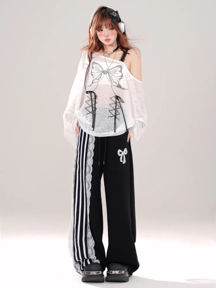 Cut Blokettecore Print Schwarz/Weiß Bowknot Hose Weites Bein