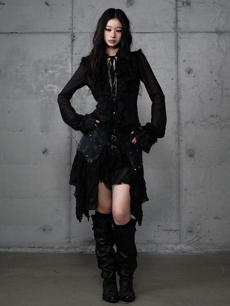 with Hem PU Asymmetrical Flair Skirt Black Studded Punk Edgy Lace Patchwork