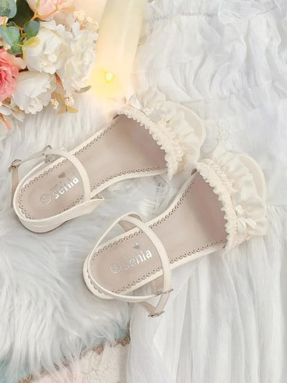 Mid-heel Ruffled Lolita Sandals Top Beige Elegant Bow Accent