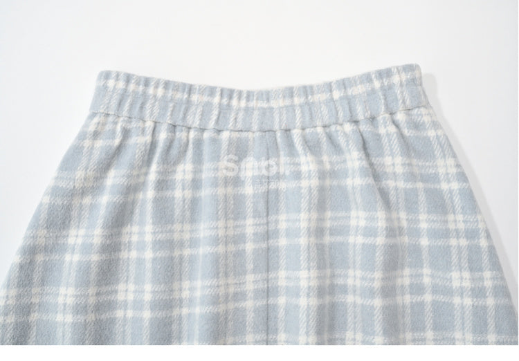ブルーのチェック柄ハイウエストレーストリムミディスカート