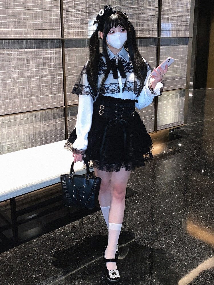 Jirai Kei Blue Heart Buckles Lace-up Detail Landmine Style High Waist Lace Tiered Skirt