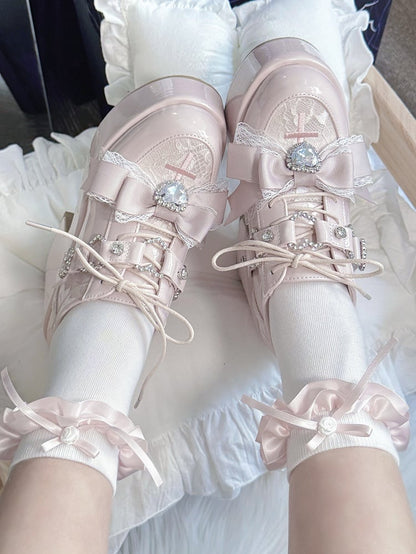 Kei Heels Janes Embroidery Rhinestone Toe Jirai - PU Cross Bow with Pink Mary Heart Platform