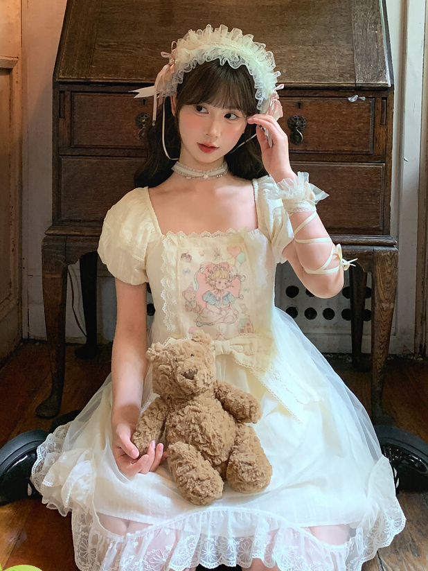 Sweet Fairy Tale Print Apricot Square Puff Short Casual Bow Big Lolita Dress Waist Neckline Sleeves and