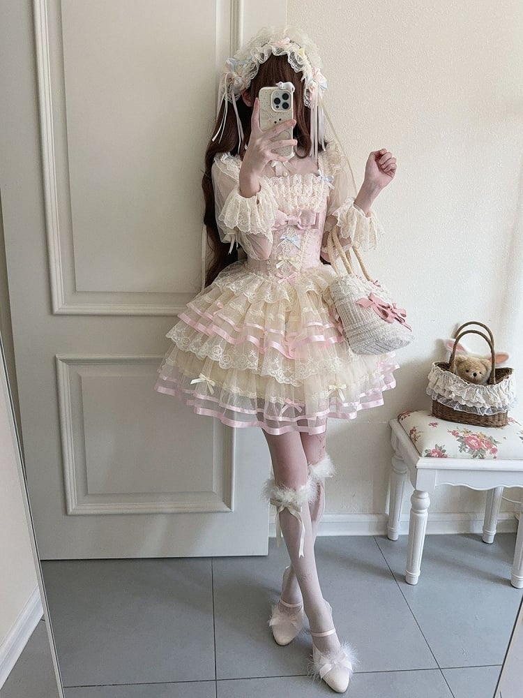 Korsett mit Prinzessinnen-Taille, rosa Tüll, mit großem Rückenrock, JSK, mehrlagige Schleife, Lolita