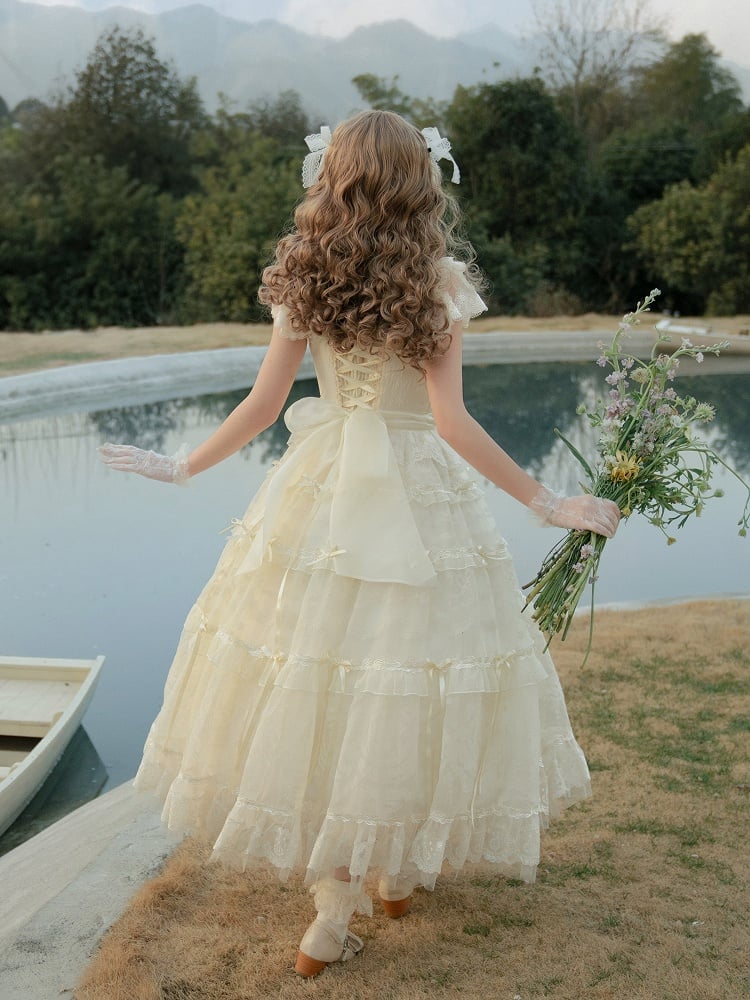 Perlen Schleife Creme Prinzessin Akzente Weiß Ausschnitt Band Kleid Lolita