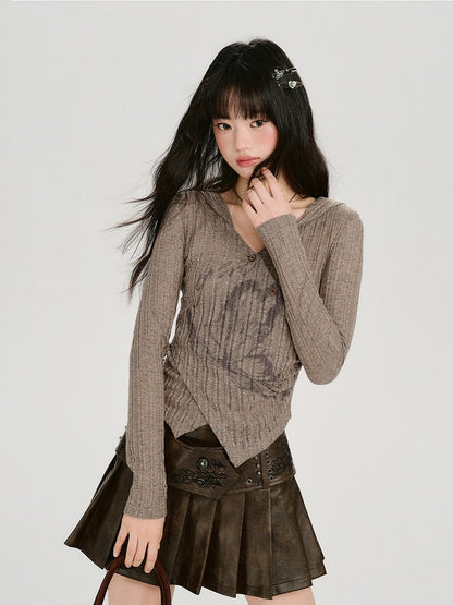 Printed Long Sleeve Hooded Top with Asymmetrical Hemline - Girlyhalo