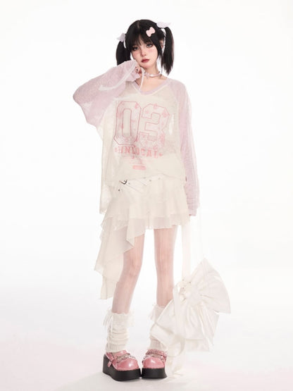 袖口ナンバープリント ブロケットコア セミシースルーカバーアップ ピンク Vネック 蝶結び