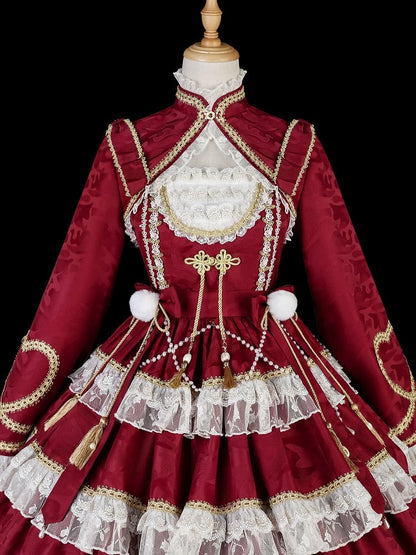 レッドロングスリーブクロップドトップバンドカラーボレロ