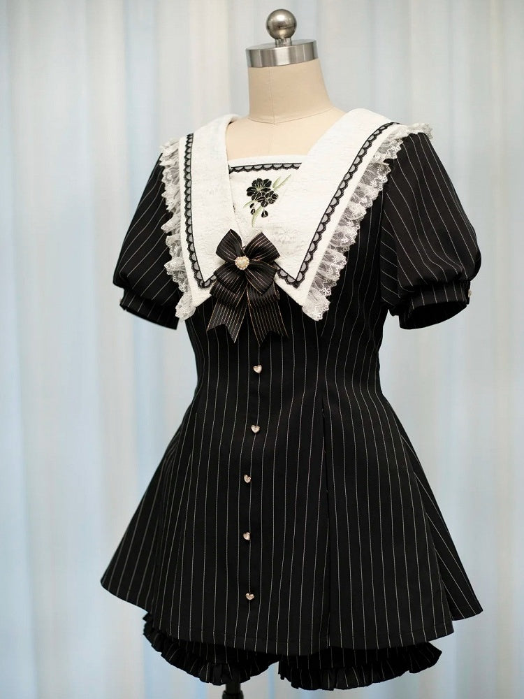 Black Striped Sailor Collar Short-Sleeve Dress with Cherry Blossom Embroidery and Matching Shorts - Dream Core Waves