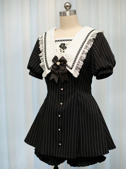 Black Striped Sailor Collar Short-Sleeve Dress with Cherry Blossom Embroidery and Matching Shorts - Dream Core Waves