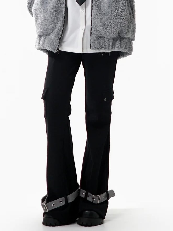 Waist Elastic Drawstring Black Pants Flare - with Silhouette Covered