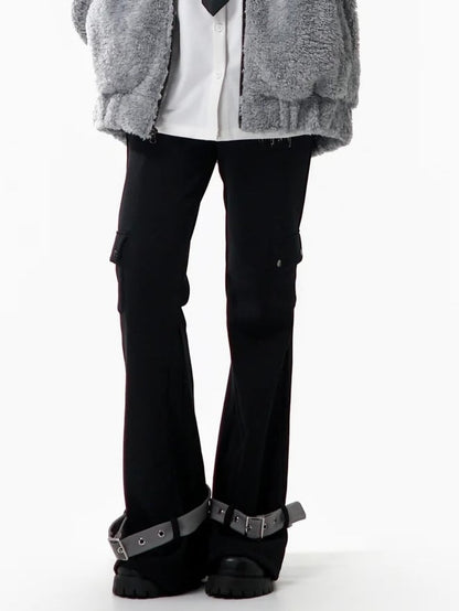 Waist Elastic Drawstring Black Pants Flare - with Silhouette Covered