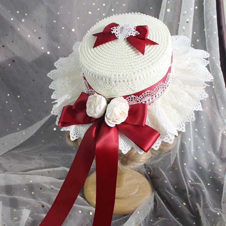 Accents and Lolita Ruffled Straw Flower Lace Options – 9 Hat with Bow Color