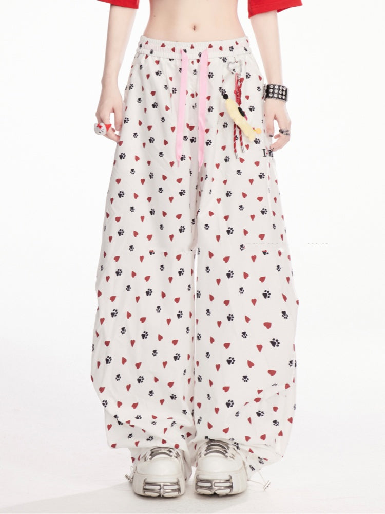 mit Charm Weiß Allover Paw Print Kordelzug Bündchen Weite Bein Hose Gratis