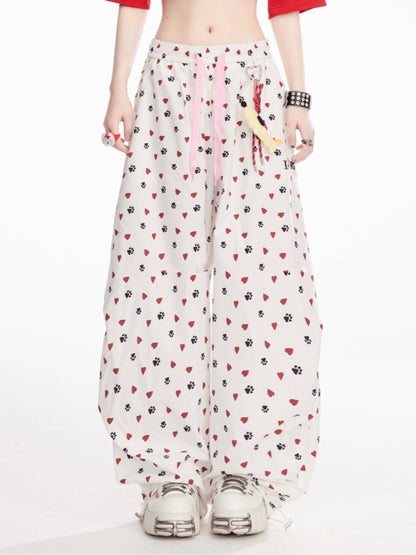 mit Charm Weiß Allover Paw Print Kordelzug Bündchen Weite Bein Hose Gratis