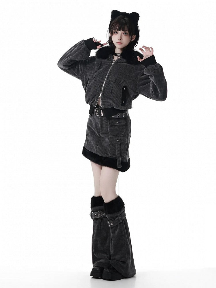 Gray Cargo Plush Detail Skirt Dark with Asymmetrical and Hem Pockets