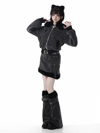 Gray Cargo Plush Detail Skirt Dark with Asymmetrical and Hem Pockets
