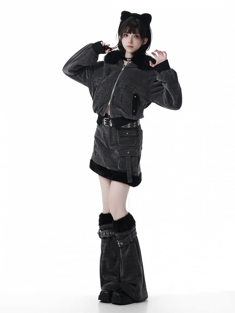 in Ears Jacket Trim Corn Faux Wolf Rib Dark Gray Texture Fur Hooded