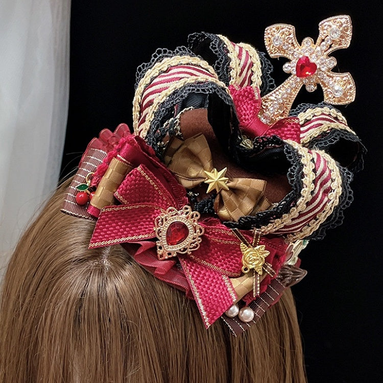 Red/Blue/Brown Mini Crown Rhinestone Bowknot Cross Details Decorated Hat