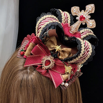 Red/Blue/Brown Mini Crown Rhinestone Bowknot Cross Details Decorated Hat
