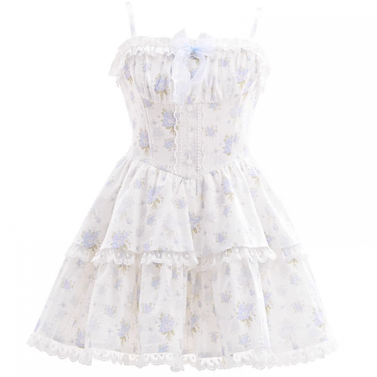Short Skirt Floral Light Blue Lace Trim Tiered Cami Dress with Version Back Lace-up