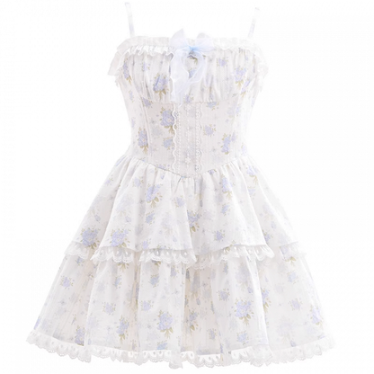Short Skirt Floral Light Blue Lace Trim Tiered Cami Dress with Version Back Lace-up