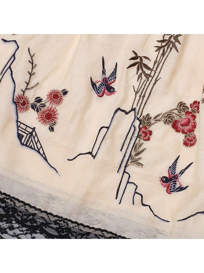 Han Lolita Sleeveless Dress with Floral Bird Print and Embroidery - Yimu Walnut