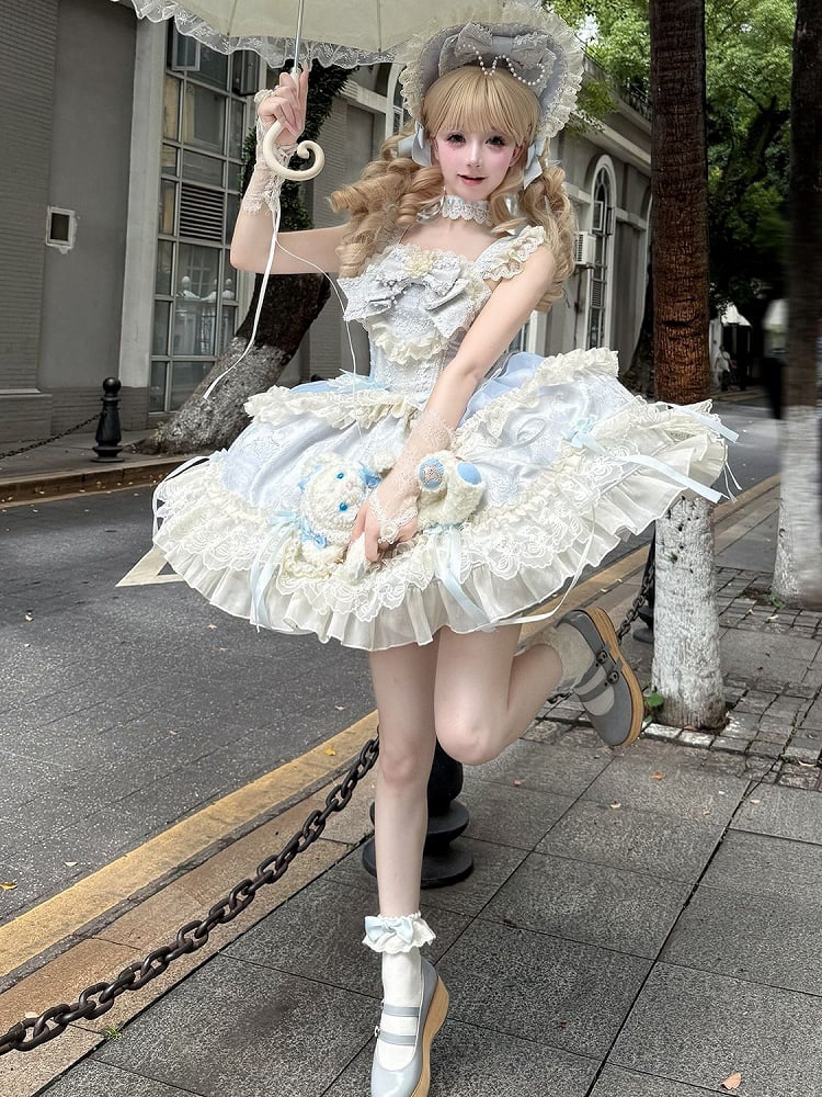 Lolita Kleid Pullover Stoff Jacquard Schleife Rock Süße blaue Akzente